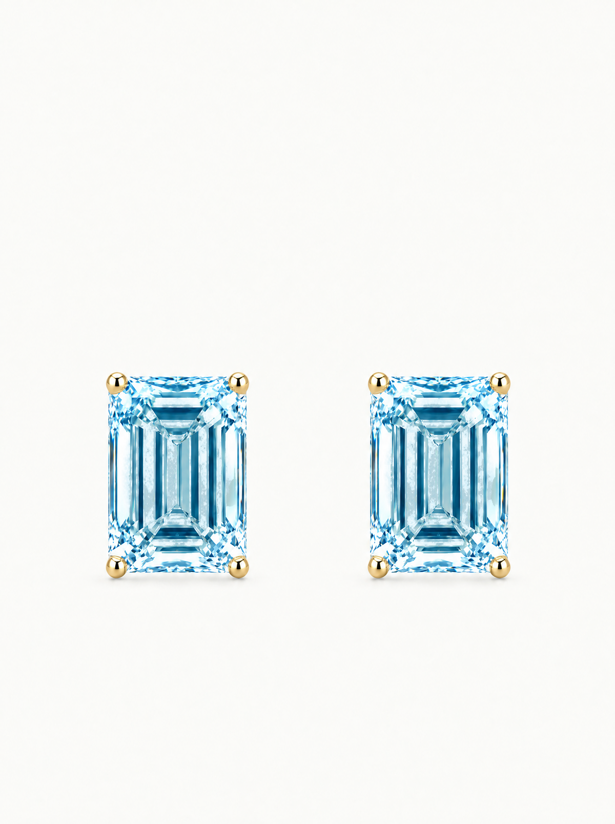 Fancy Blue Emerald Cut Lab-Grown Diamond Stud Earrings in 14K yellow gold, front view — Bow Tie Lab Diamonds
