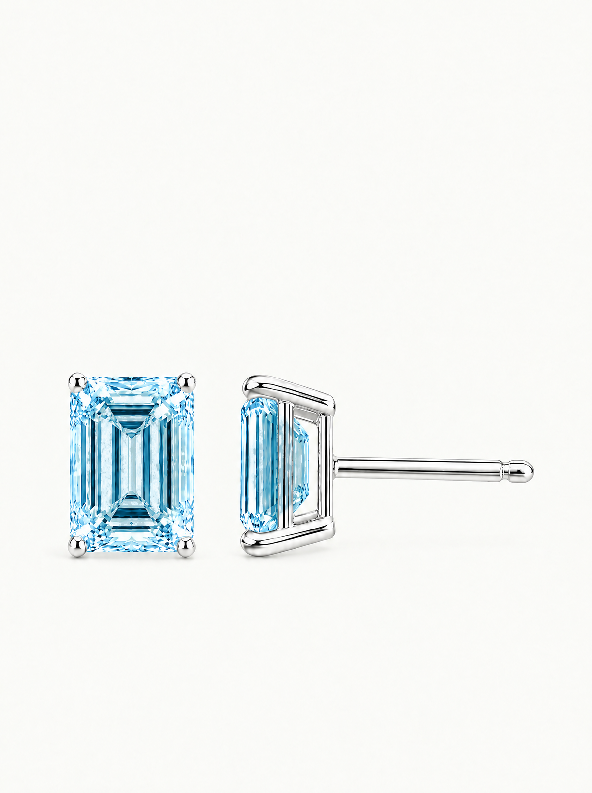 Fancy Blue Emerald Cut Lab-Grown Diamond Stud Earrings in 14K white gold — Bow Tie Lab Diamonds