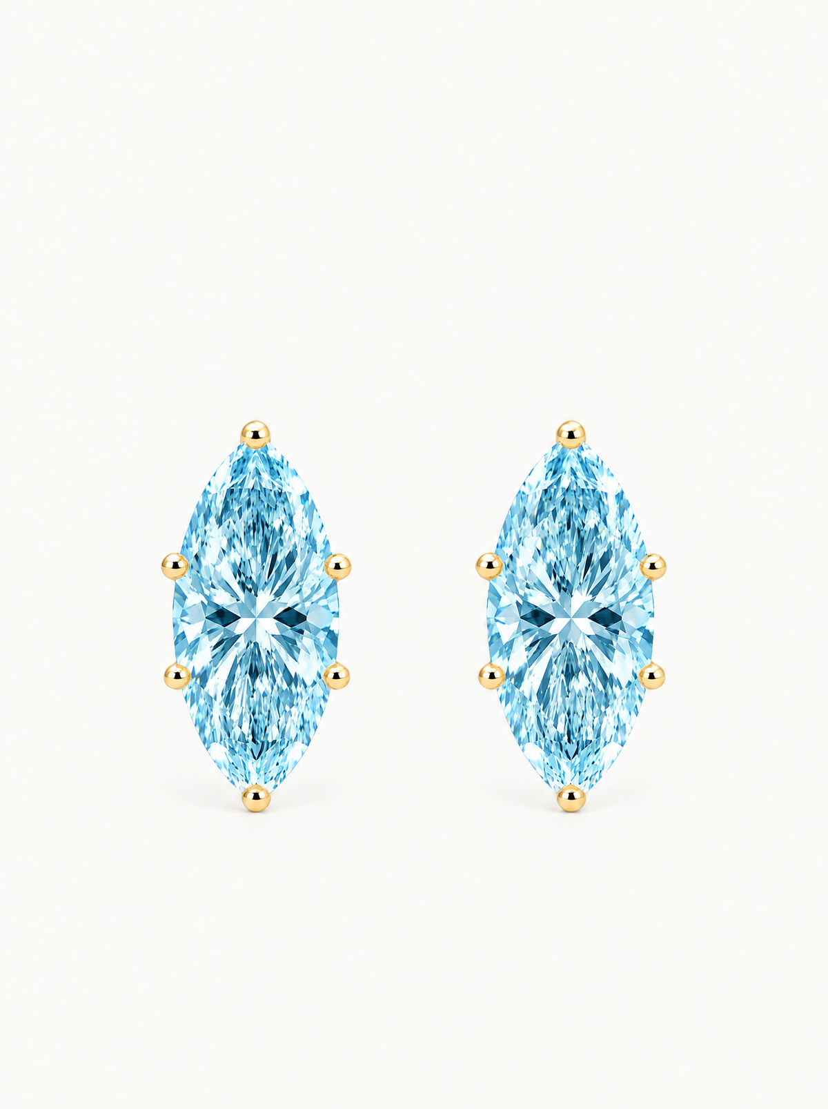 Fancy Blue Marquise Cut Lab-Grown Diamond Stud Earrings in 14K yellow gold, front view — Bow Tie Lab Diamonds