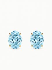 Fancy Blue Oval Cut Lab-Grown Diamond Stud Earrings in 14K yellow gold, front view — Bow Tie Lab Diamonds