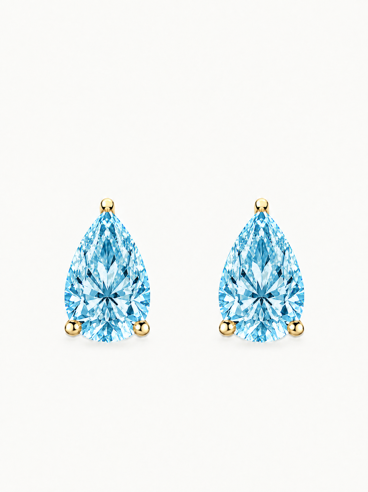 Fancy Blue Pear Cut Lab-Grown Diamond Stud Earrings in 14K yellow gold, front view — Bow Tie Lab Diamonds