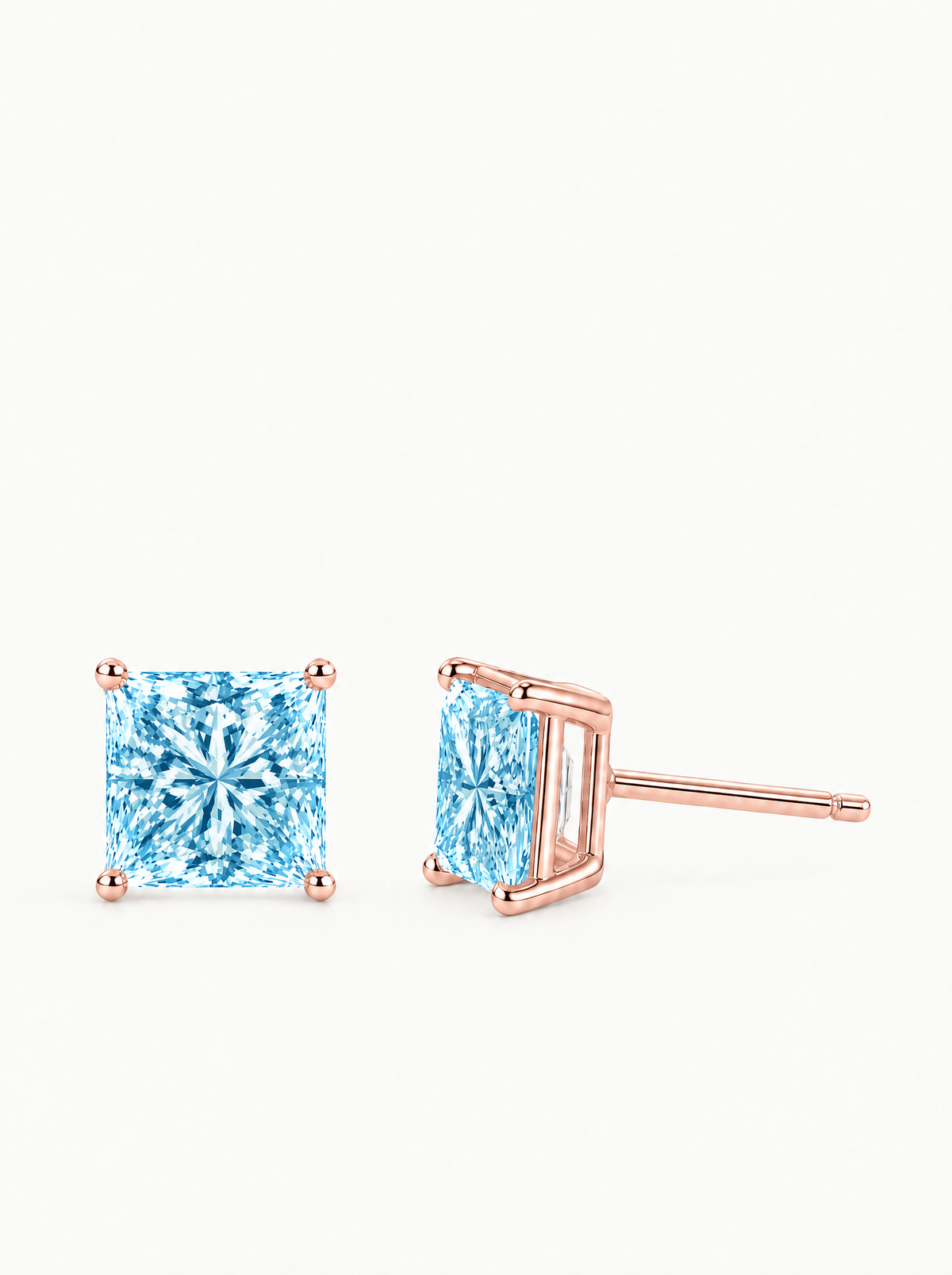 Fancy Blue Princess Cut Lab-Grown Diamond Stud Earrings in 14K rose gold — Bow Tie Lab Diamonds