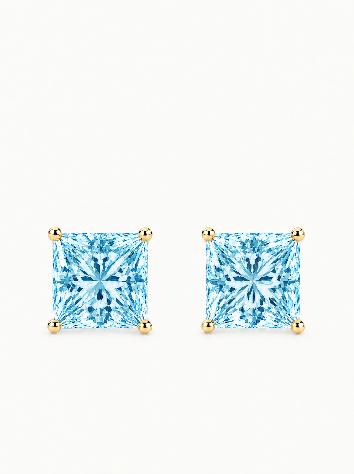 Fancy Blue Princess Cut Lab-Grown Diamond Stud Earrings in 14K yellow gold, front view — Bow Tie Lab Diamonds