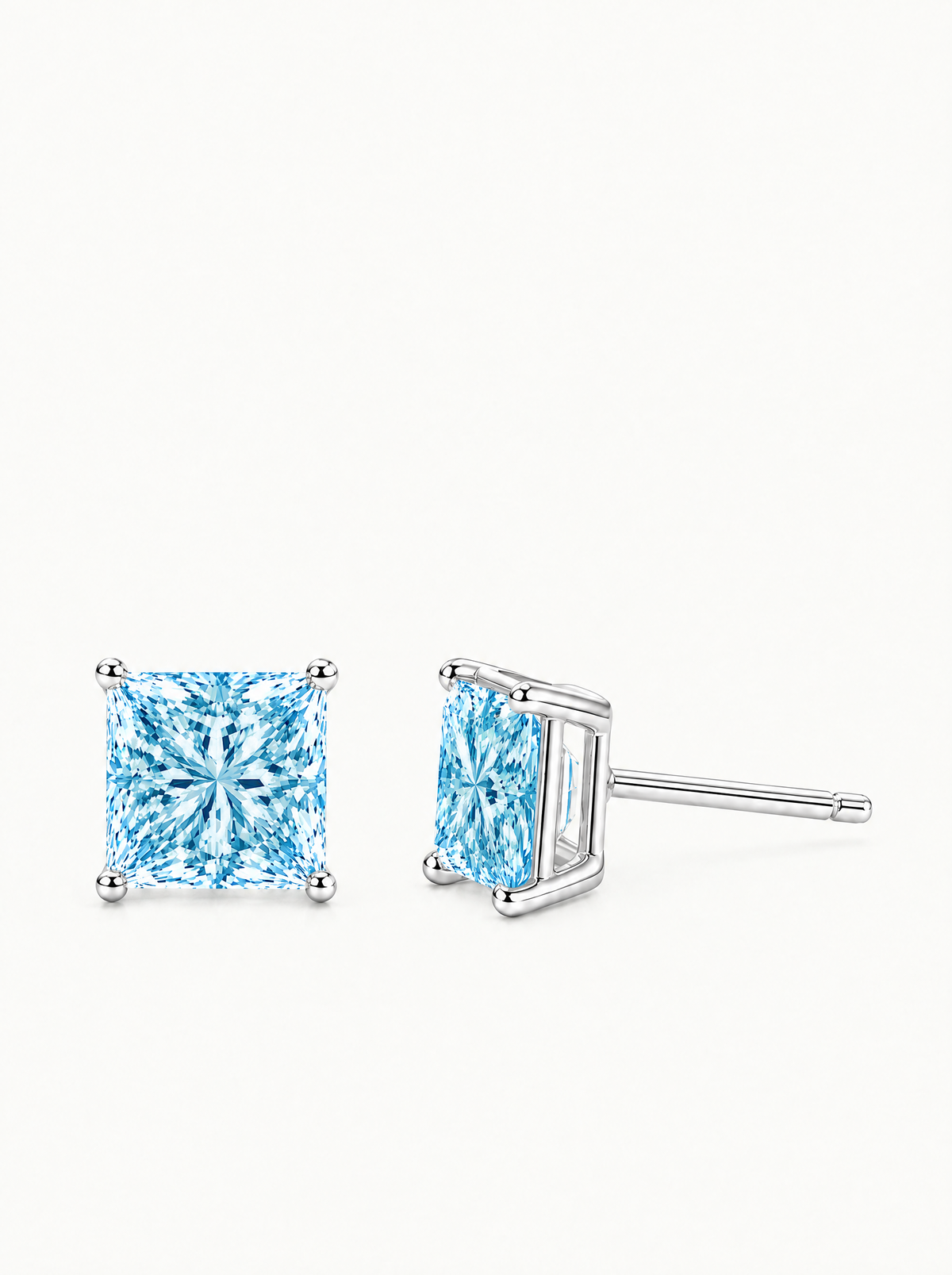 Fancy Blue Princess Cut Lab-Grown Diamond Stud Earrings in 14K white gold — Bow Tie Lab Diamonds