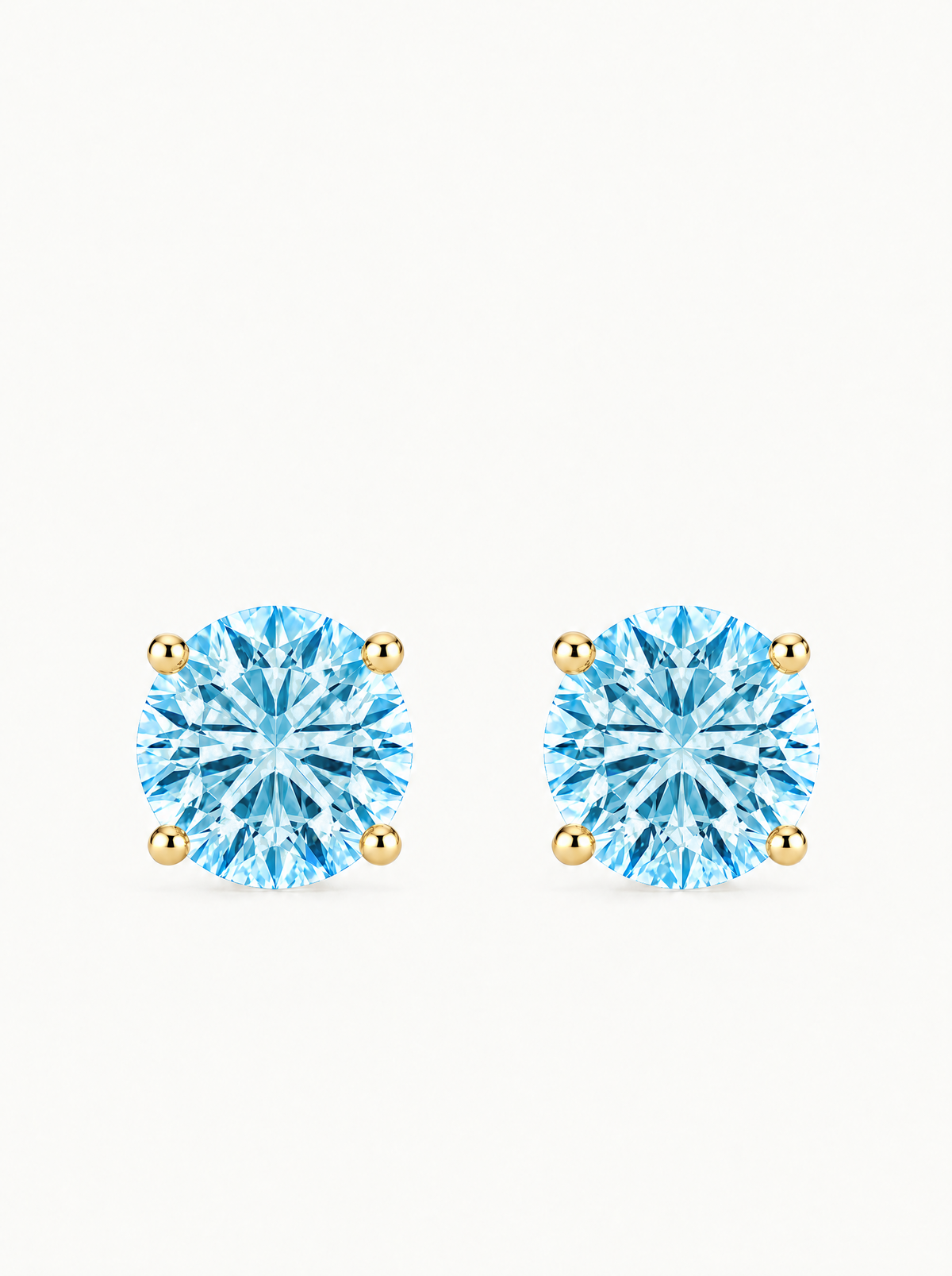 Fancy Blue Round Cut Lab-Grown Diamond Stud Earrings in 14K yellow gold, front view — Bow Tie Lab Diamonds