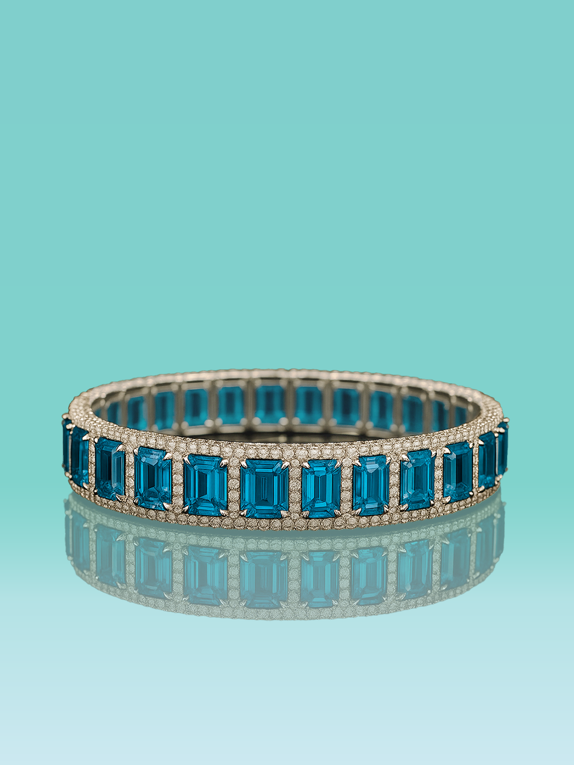 Emerald Cut Blue Lab Diamond Double-Halo Pavé Tennis Bracelet