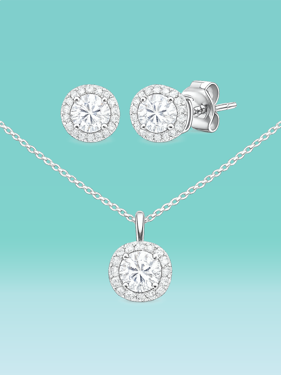 Classic Round Cut Halo Lab Diamond Stud Earrings & Necklace Set
