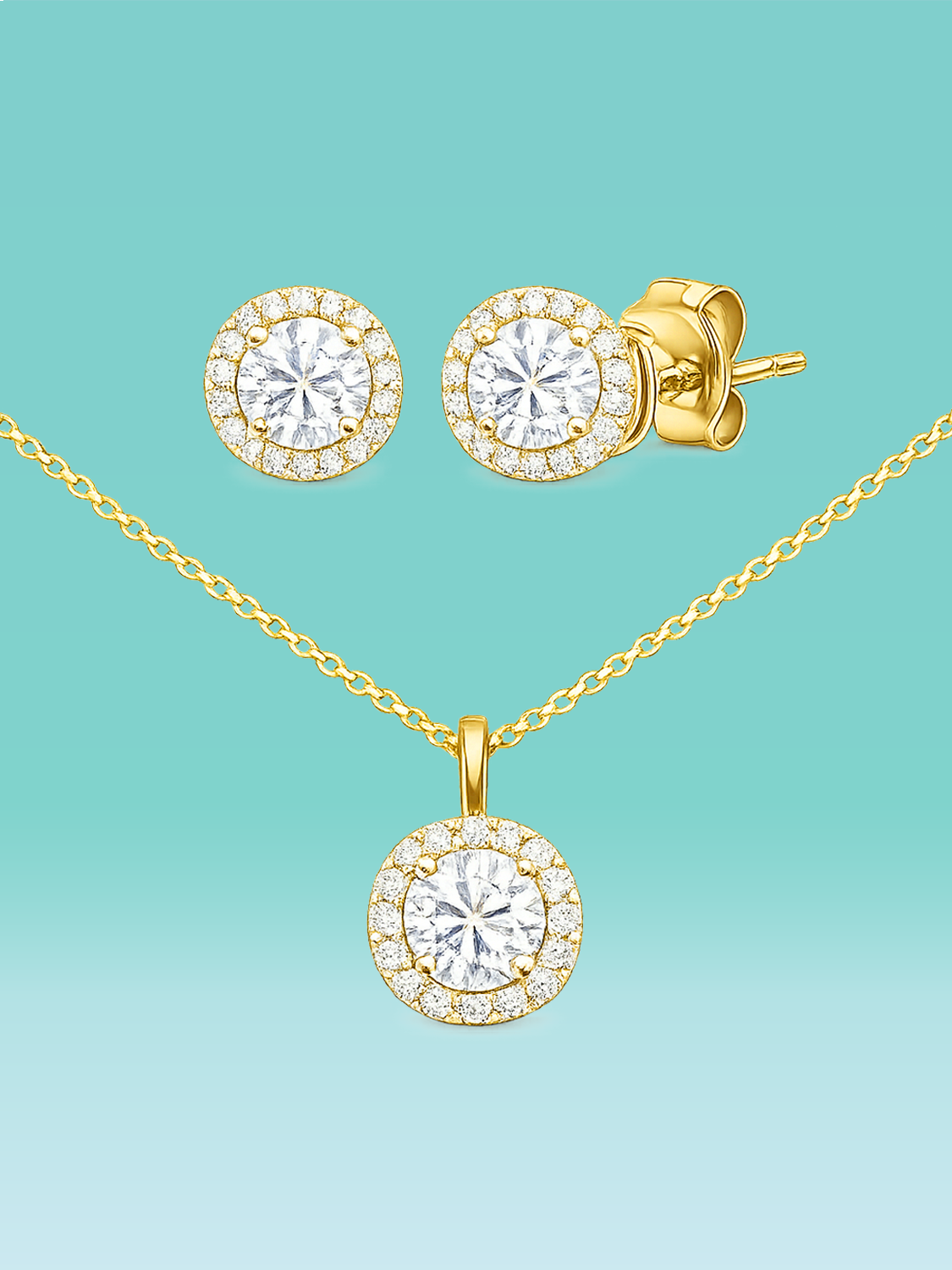 Classic Round Cut Halo Lab Diamond Stud Earrings & Necklace Set