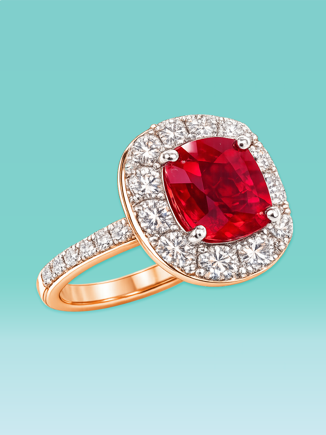 Cushion Cut Ruby Lab Diamond Pavé Halo Statement Ring