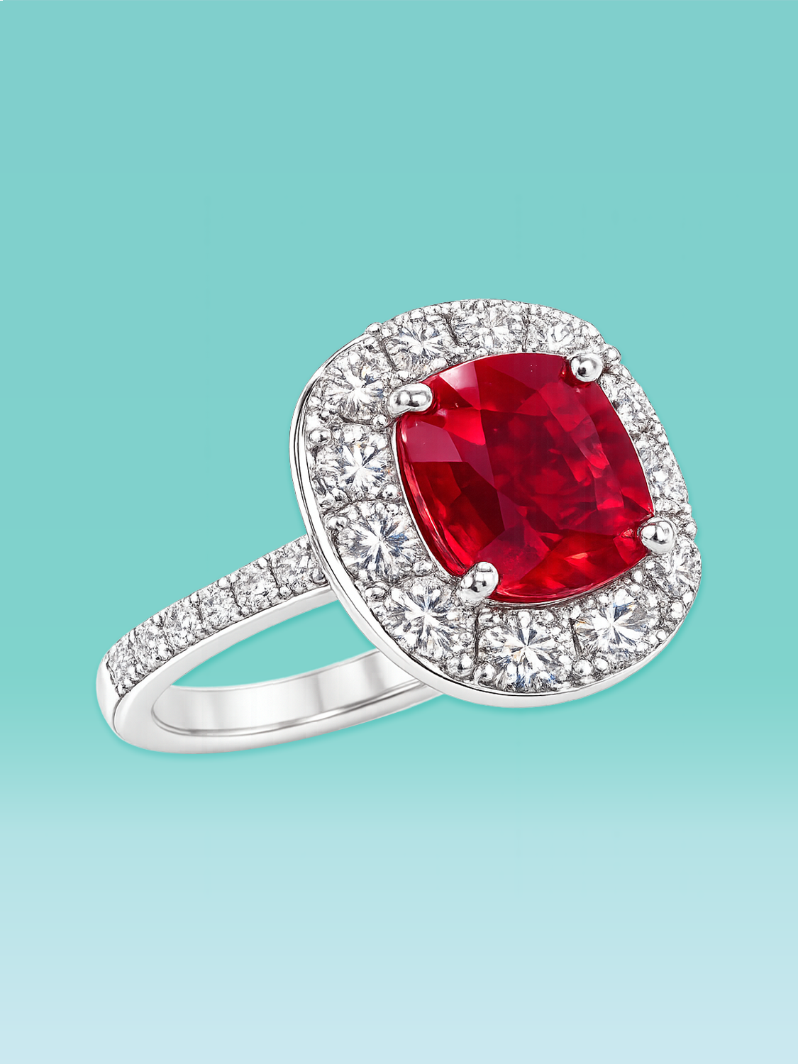 Cushion Cut Ruby Lab Diamond Pavé Halo Statement Ring
