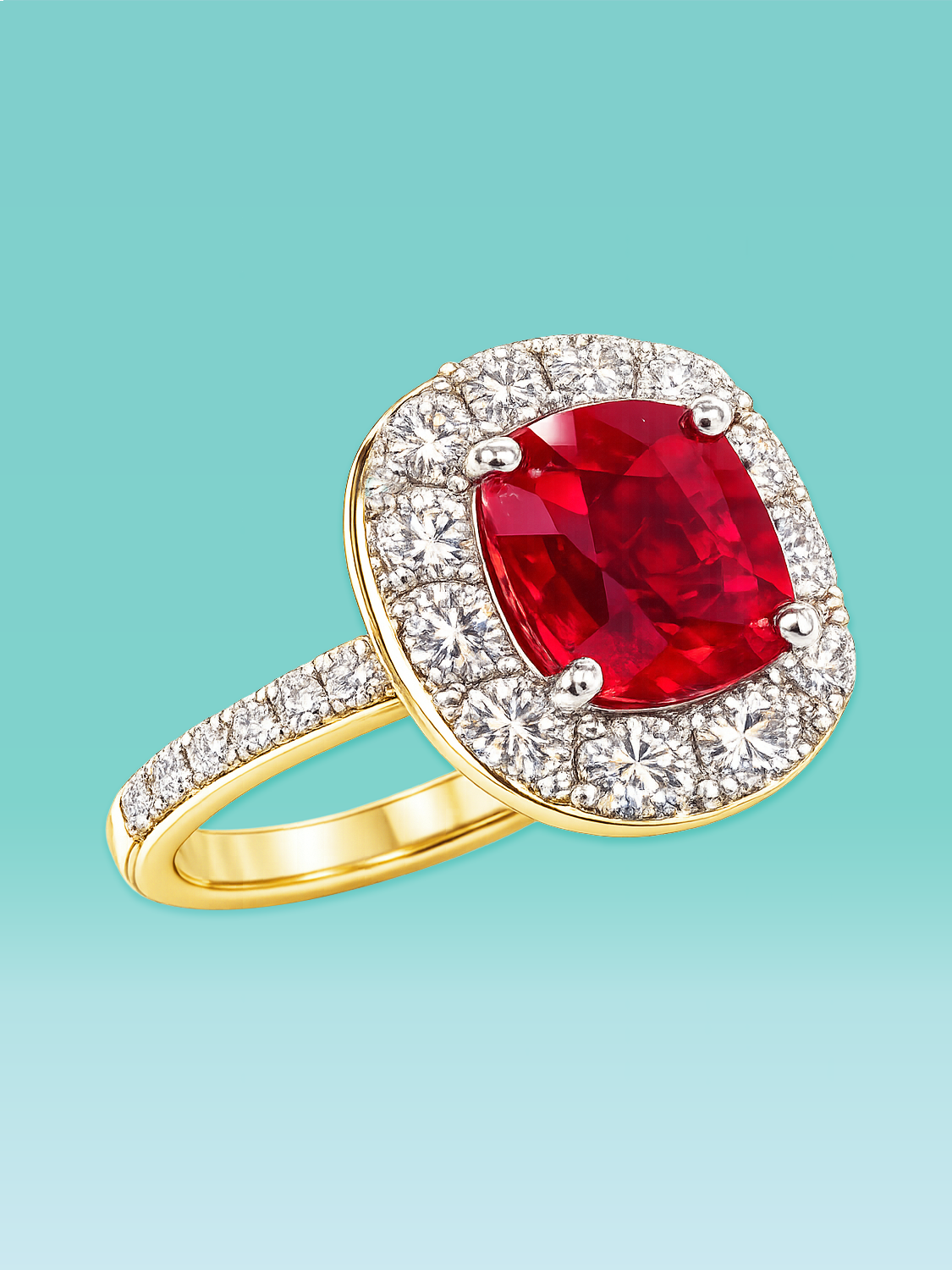 Cushion Cut Ruby Lab Diamond Pavé Halo Statement Ring