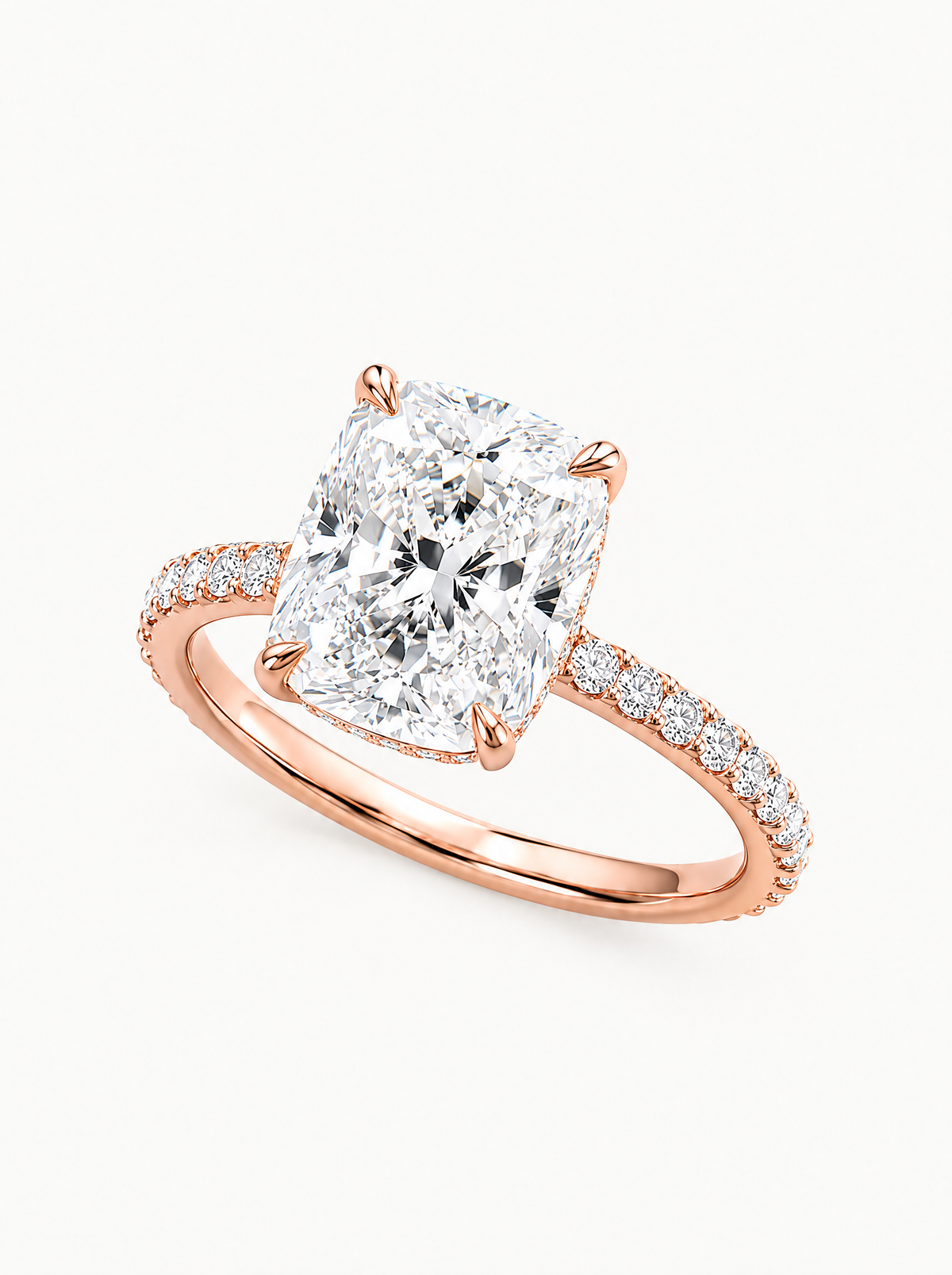 Cushion Cut Solitaire Hidden Halo Lab-Grown Diamond Engagement Ring in 14K rose gold, front view — Bow Tie Lab Diamonds