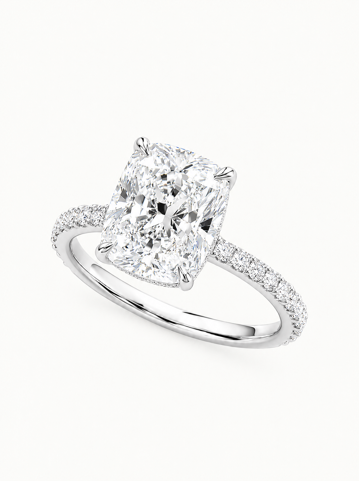 Cushion Cut Solitaire Hidden Halo Lab-Grown Diamond Engagement Ring in 14K white gold, front view — Bow Tie Lab Diamonds