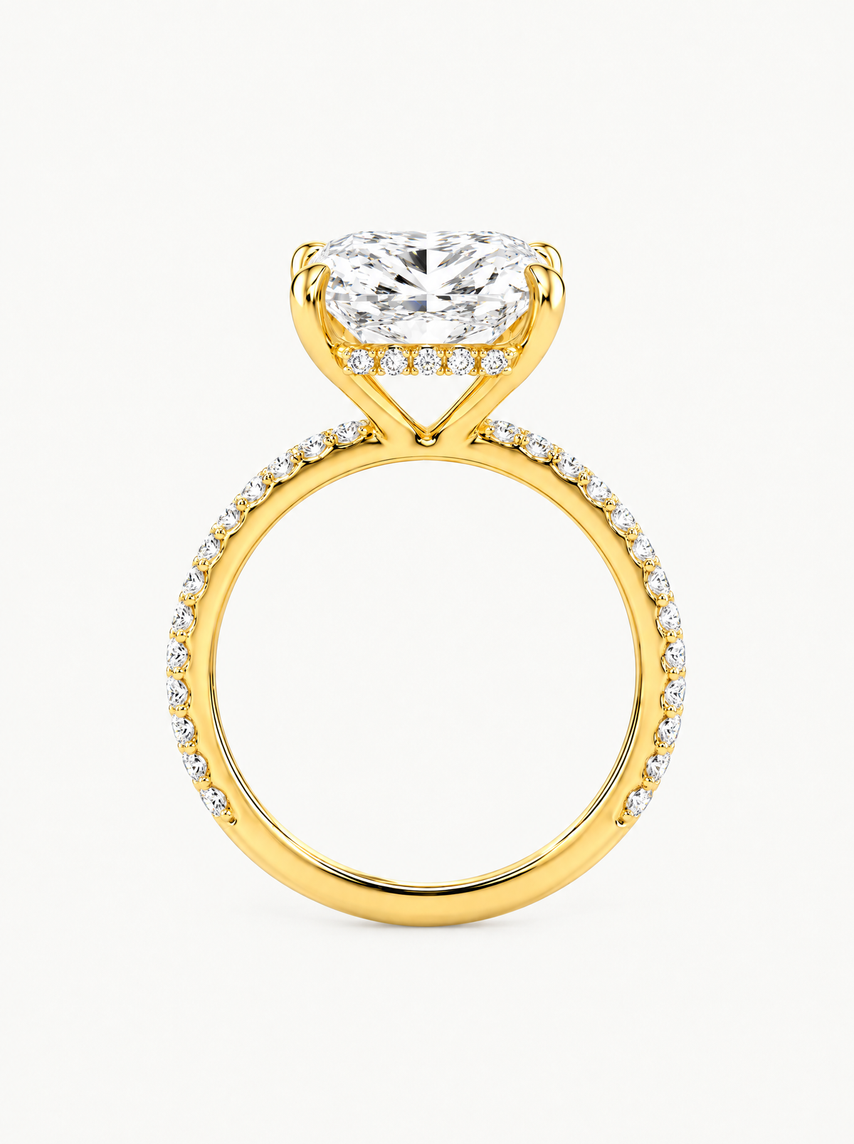 Cushion Cut Solitaire Hidden Halo Lab-Grown Diamond Engagement Ring in 14K yellow gold, angled side view — Bow Tie Lab Diamonds