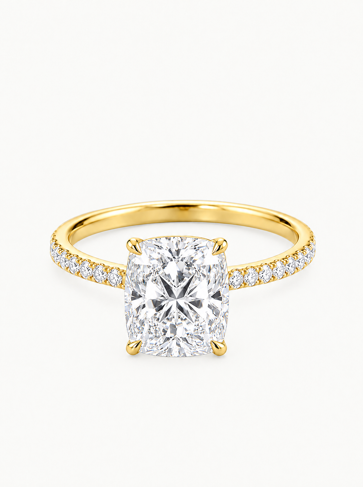 Cushion Cut Solitaire Hidden Halo Lab-Grown Diamond Engagement Ring in 14K yellow gold, front view — Bow Tie Lab Diamonds