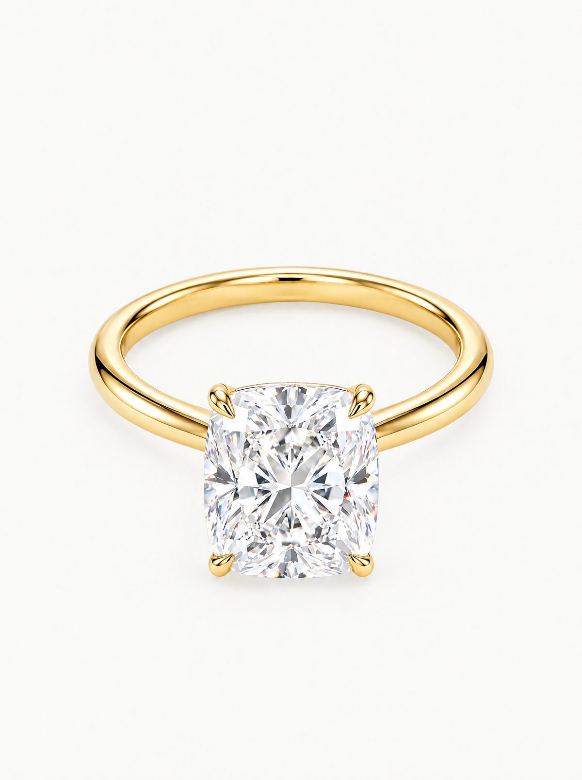 Cushion Cut Solitaire Lab-Grown Diamond Engagement Ring in 14K yellow gold, front view — Bow Tie Lab Diamonds