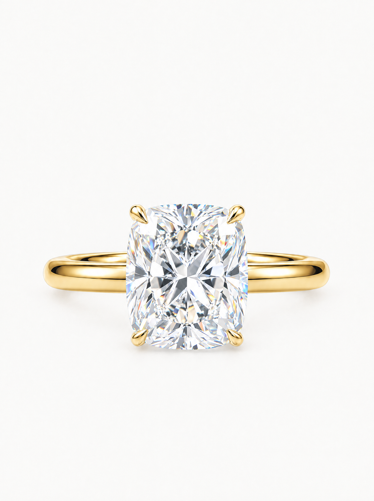 Cushion Cut Solitaire Lab-Grown Diamond Engagement Ring in 14K yellow gold, front view — Bow Tie Lab Diamonds