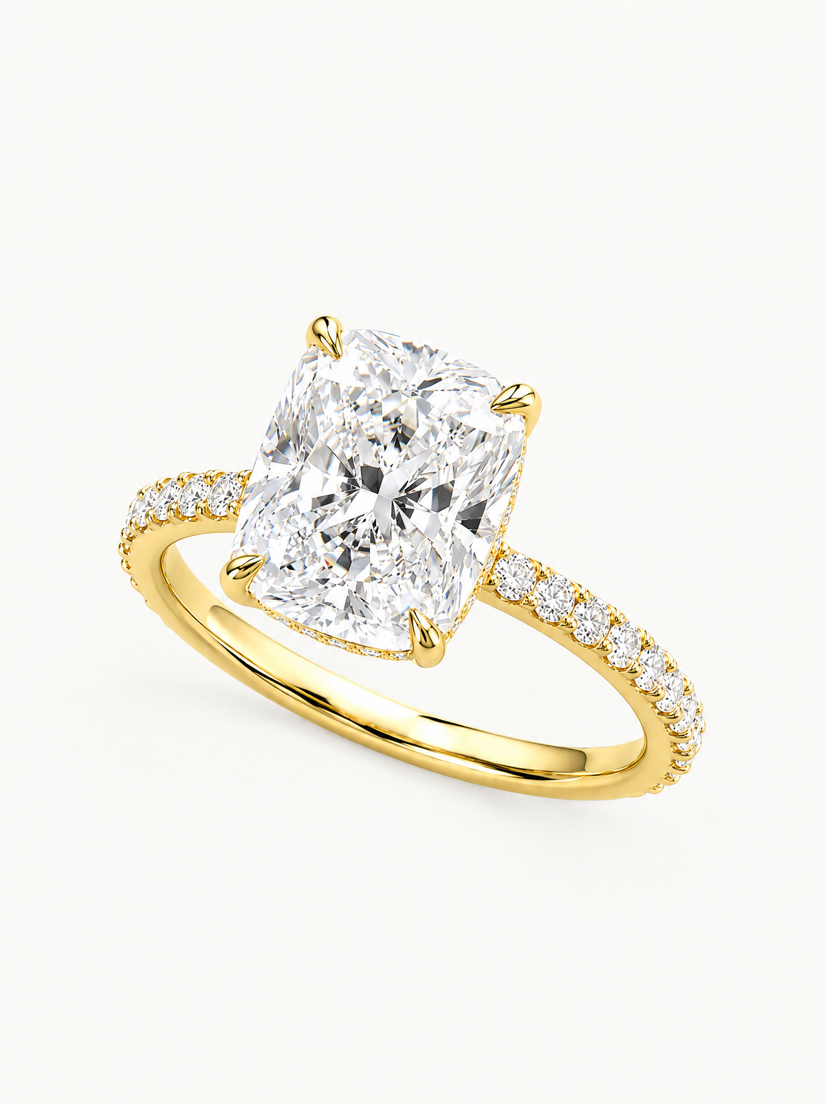 Cushion Cut Solitaire Hidden Halo Lab-Grown Diamond Engagement Ring in 14K yellow gold, angled side view — Bow Tie Lab Diamonds