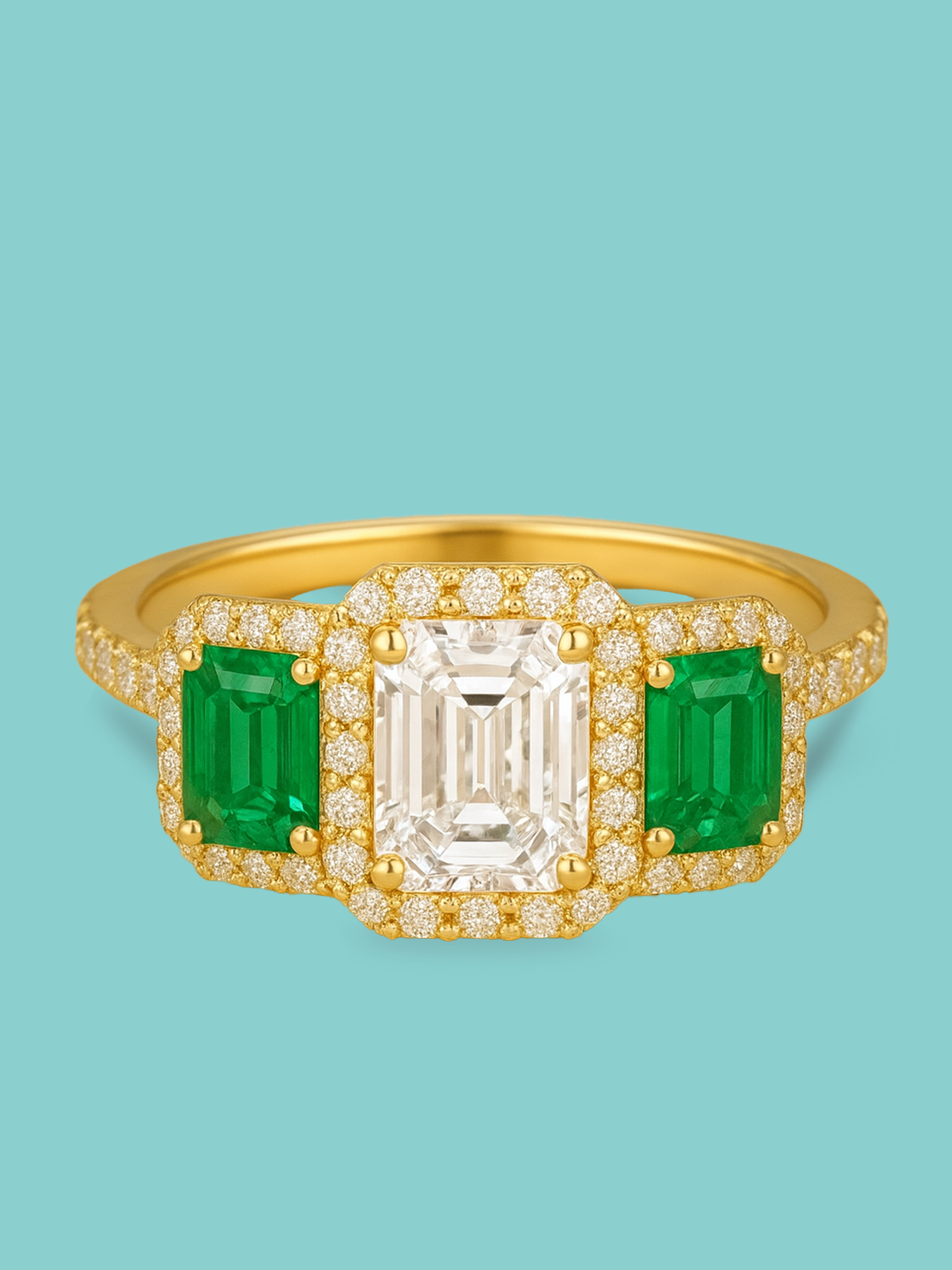 Lab Diamond and Emerald Three-Stone Halo Ring