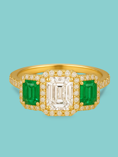 Lab Diamond and Emerald Three-Stone Halo Ring