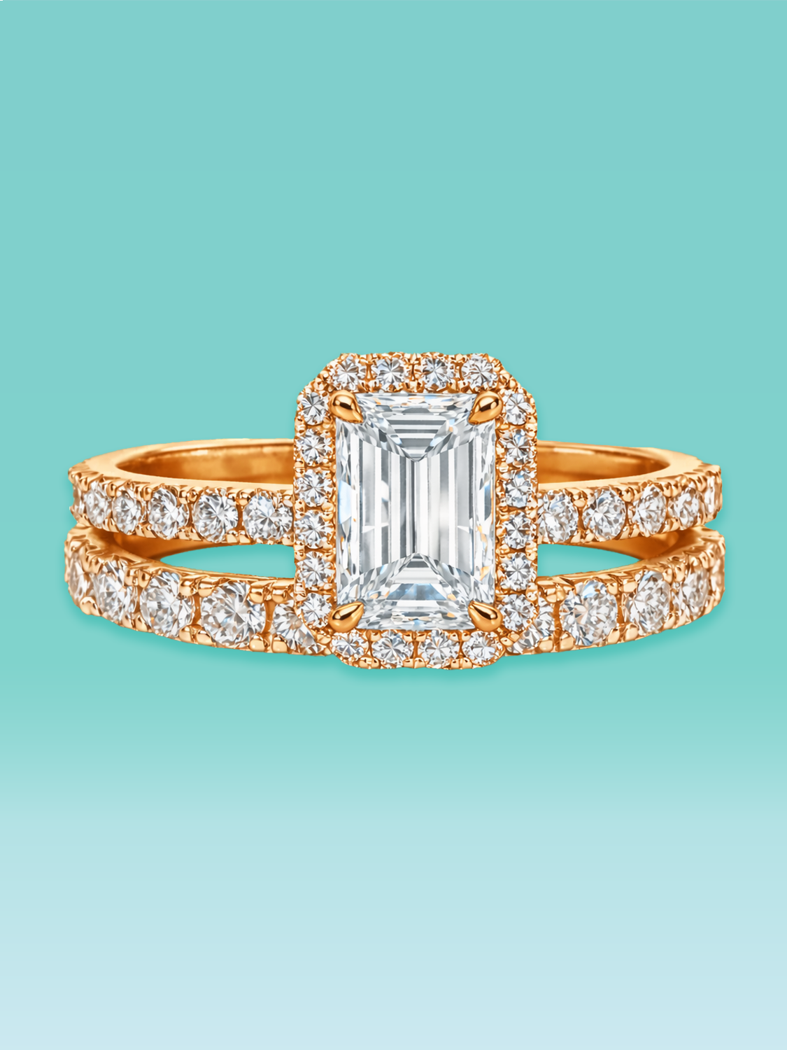 Emerald Cut Lab Diamond Halo Pavé Band Engagement Ring Set