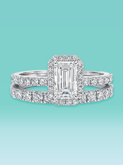 Emerald Cut Lab Diamond Halo Pavé Band Engagement Ring Set