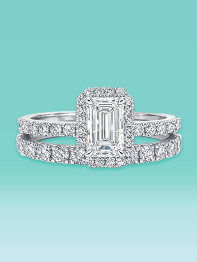 Emerald Cut Lab Diamond Halo Pavé Band Engagement Ring Set