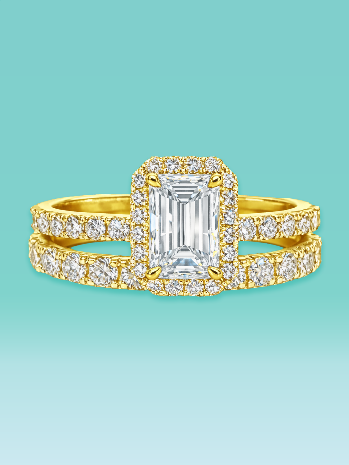 Emerald Cut Lab Diamond Halo Pavé Band Engagement Ring Set