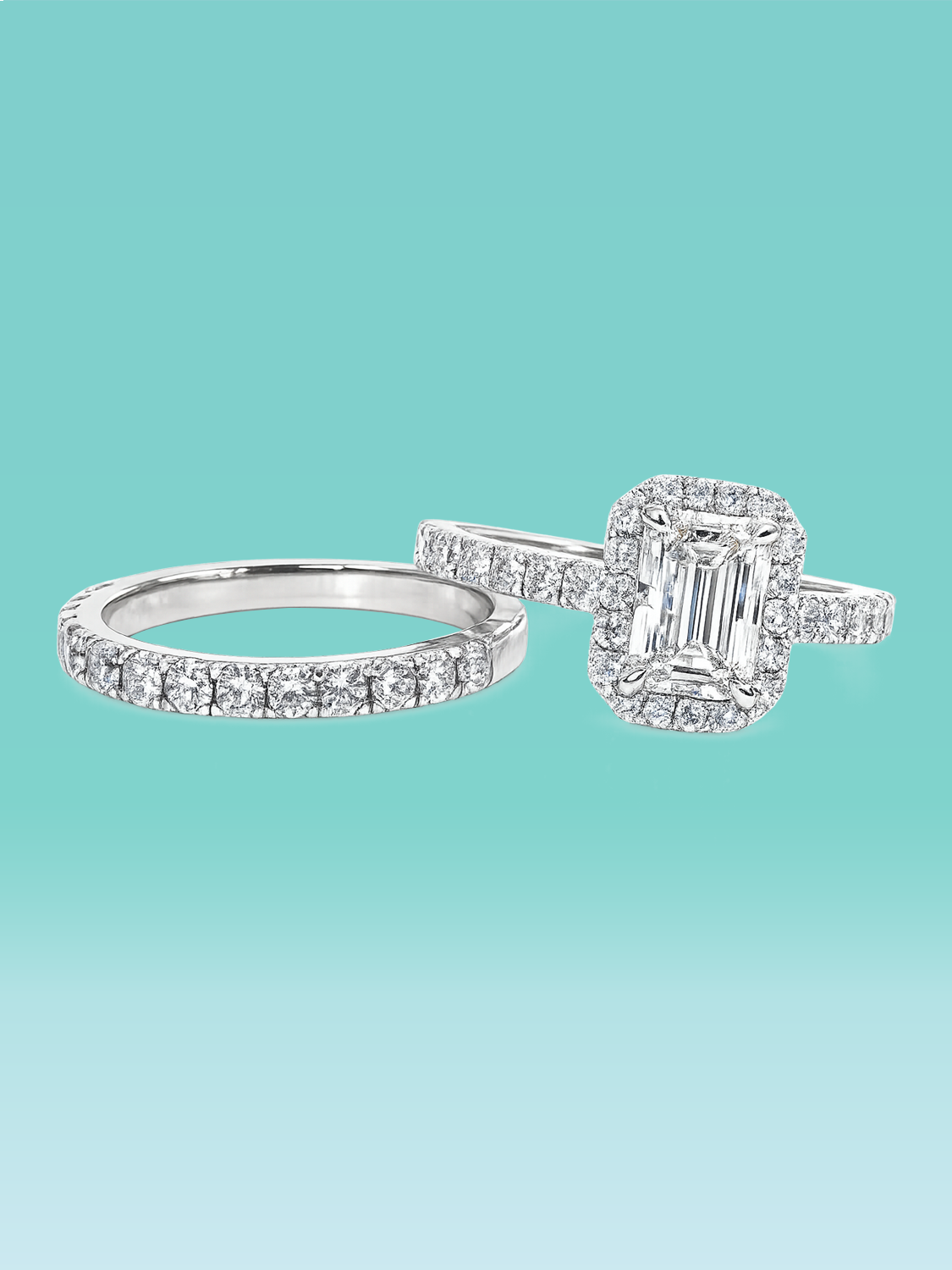 Emerald Cut Lab Diamond Halo Pavé Band Engagement Ring Set