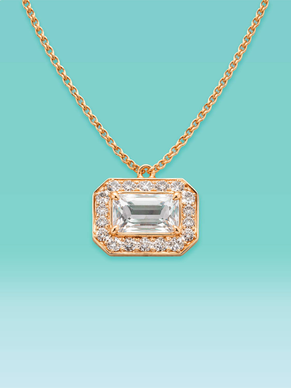 Emerald Cut Lab Diamond Pavé Halo Pendant Necklace