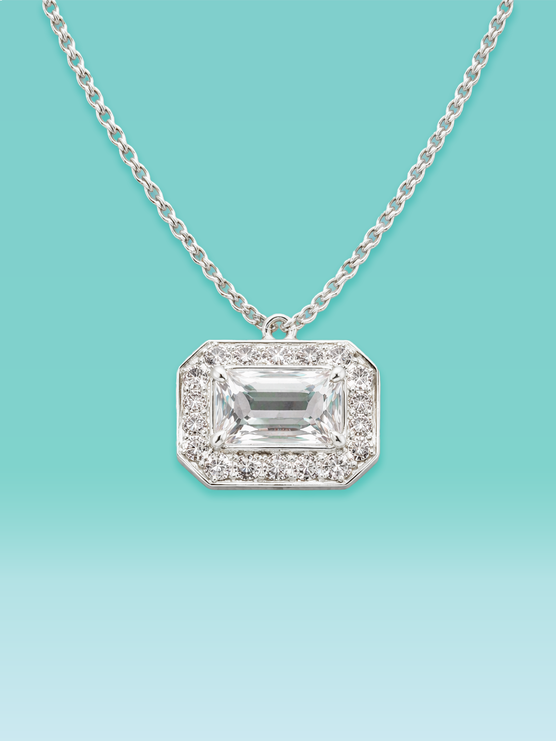 Emerald Cut Lab Diamond Pavé Halo Pendant Necklace