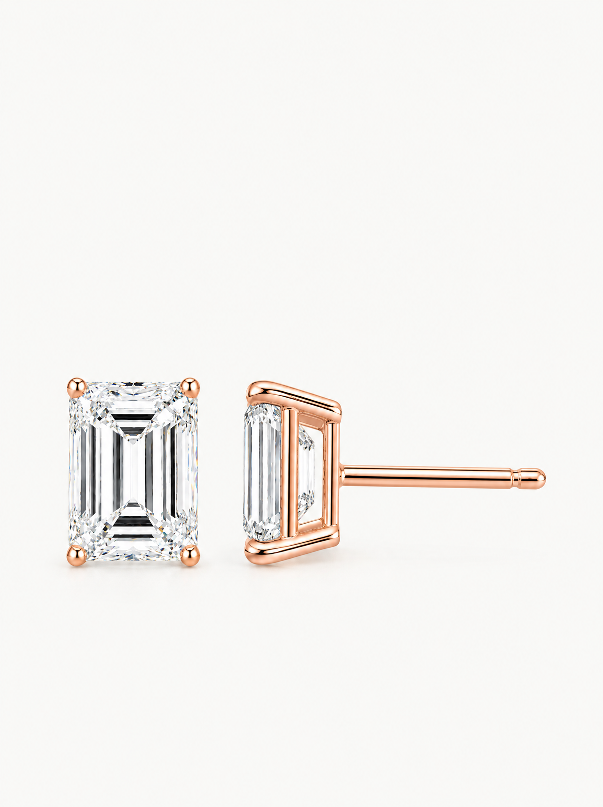 Emerald Cut Lab-Grown Diamond Stud Earrings in 14K rose gold, front view — Bow Tie Lab Diamonds