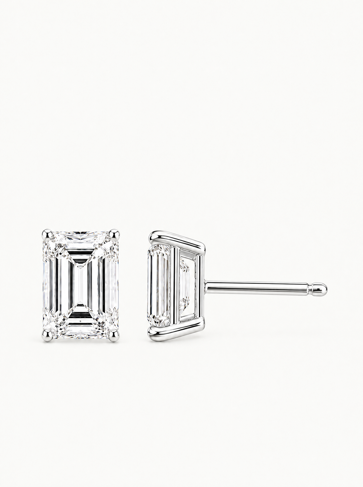 Emerald Cut Lab-Grown Diamond Stud Earrings in 14K white gold, front view — Bow Tie Lab Diamonds