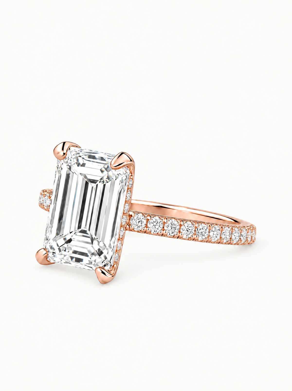 Emerald Cut Solitaire Hidden Halo Lab-Grown Diamond Engagement Ring in 14K rose gold, front view — Bow Tie Lab Diamonds