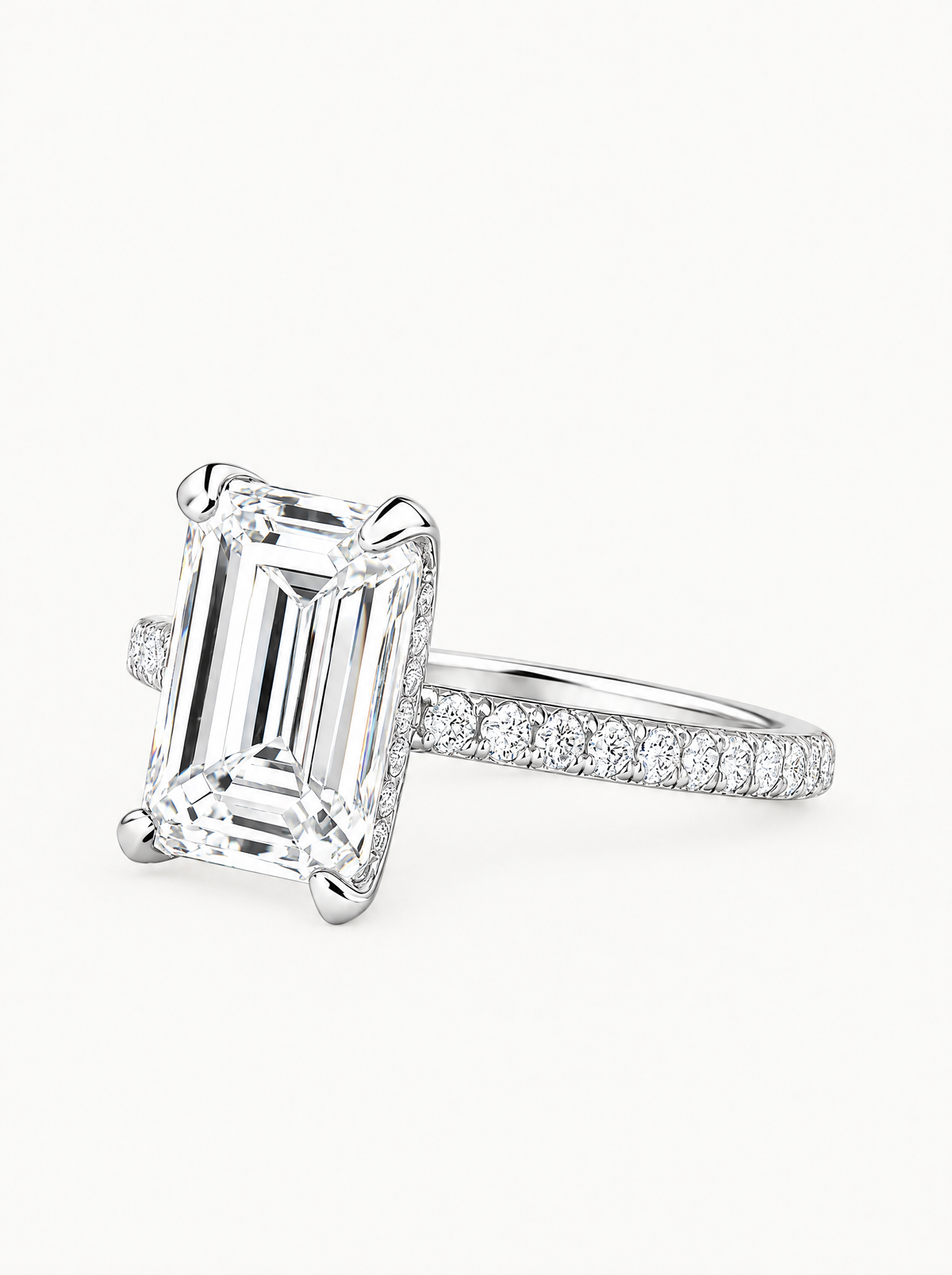Emerald Cut Solitaire Hidden Halo Lab-Grown Diamond Engagement Ring in 14K white gold, front view — Bow Tie Lab Diamonds