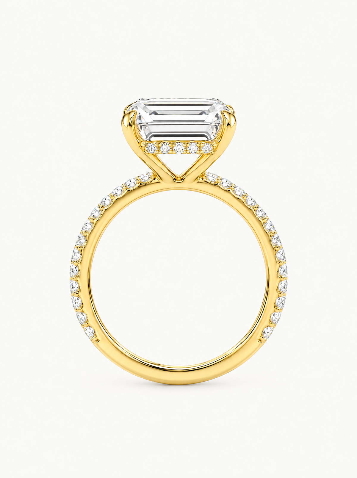 Emerald Cut Solitaire Hidden Halo Lab-Grown Diamond Engagement Ring in 14K yellow gold, angled side view — Bow Tie Lab Diamonds