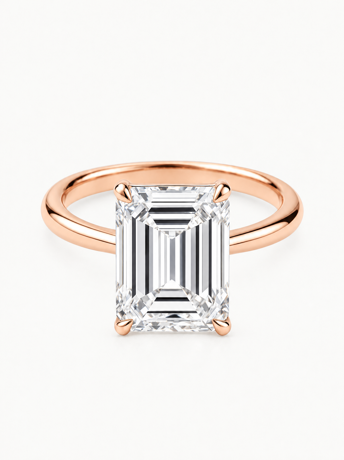 Emerald Cut Solitaire Lab-Grown Diamond Engagement Ring in 14K rose gold, front view — Bow Tie Lab Diamonds