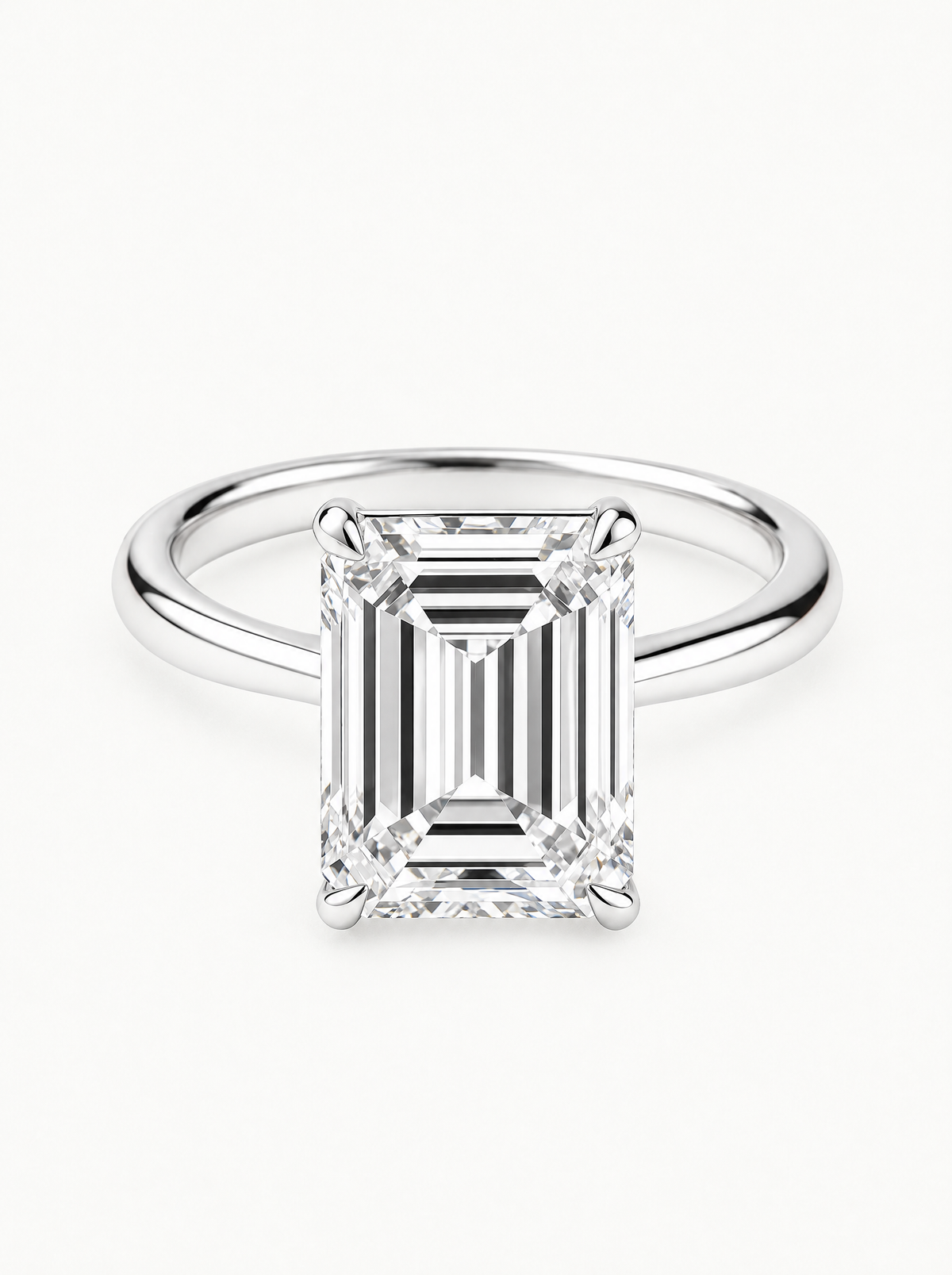 Emerald Cut Solitaire Lab-Grown Diamond Engagement Ring in 14K white gold, front view — Bow Tie Lab Diamonds