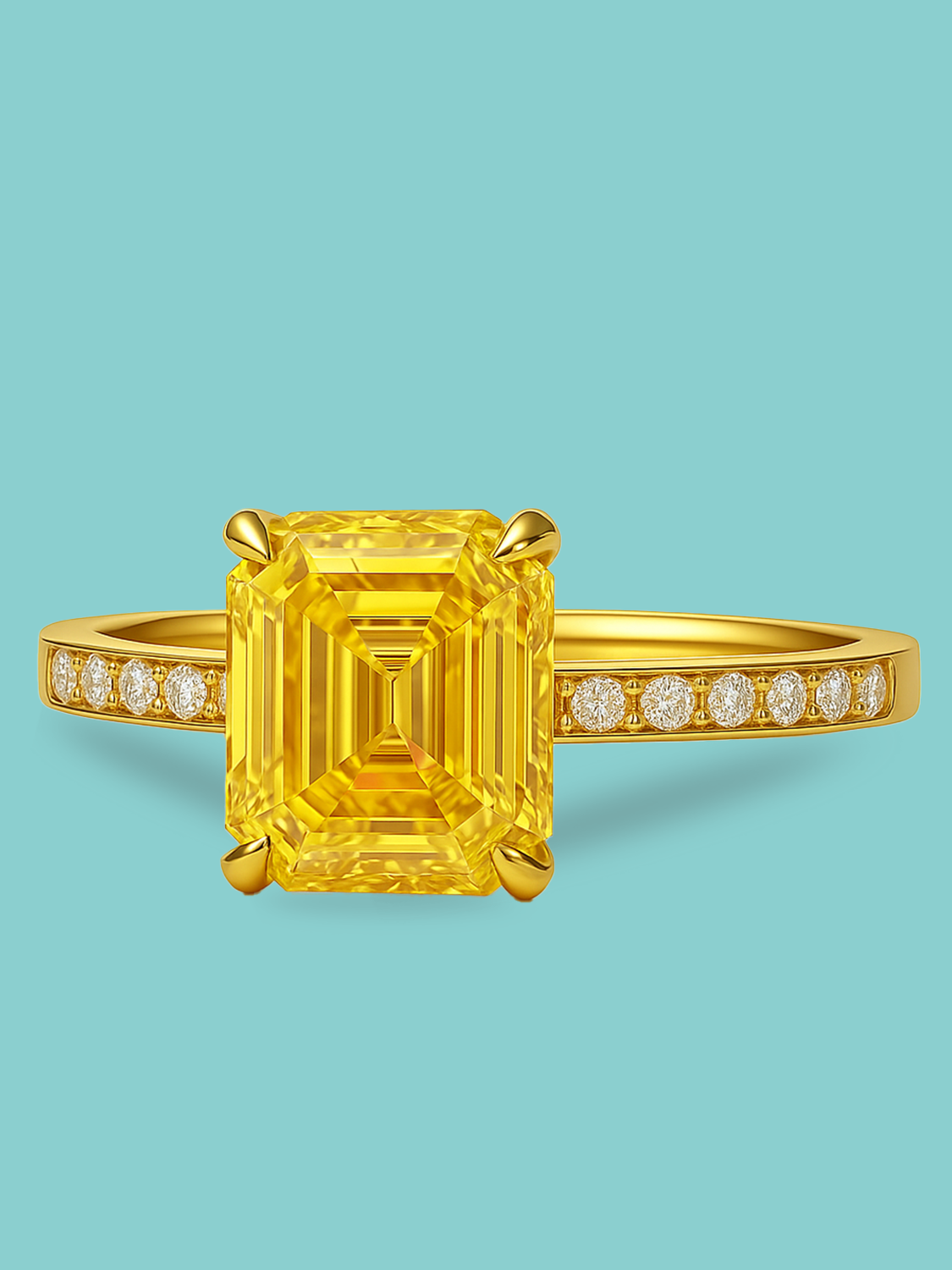 Fancy Yellow Emerald Cut Lab Diamond Pavé Band Solitaire Ring
