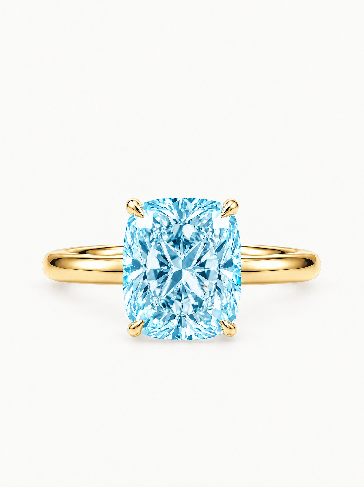 Fancy Blue Cushion Cut Solitaire Lab-Grown Diamond Engagement Ring in 14K yellow gold, front view — Bow Tie Lab Diamonds