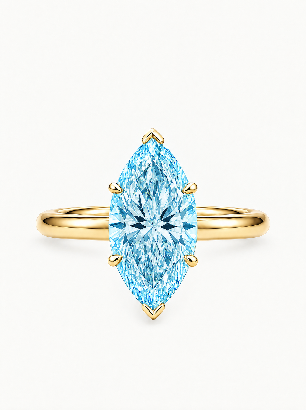 Fancy Blue Marquise Cut Solitaire Lab-Grown Diamond Engagement Ring in 14K yellow gold, front view — Bow Tie Lab Diamonds