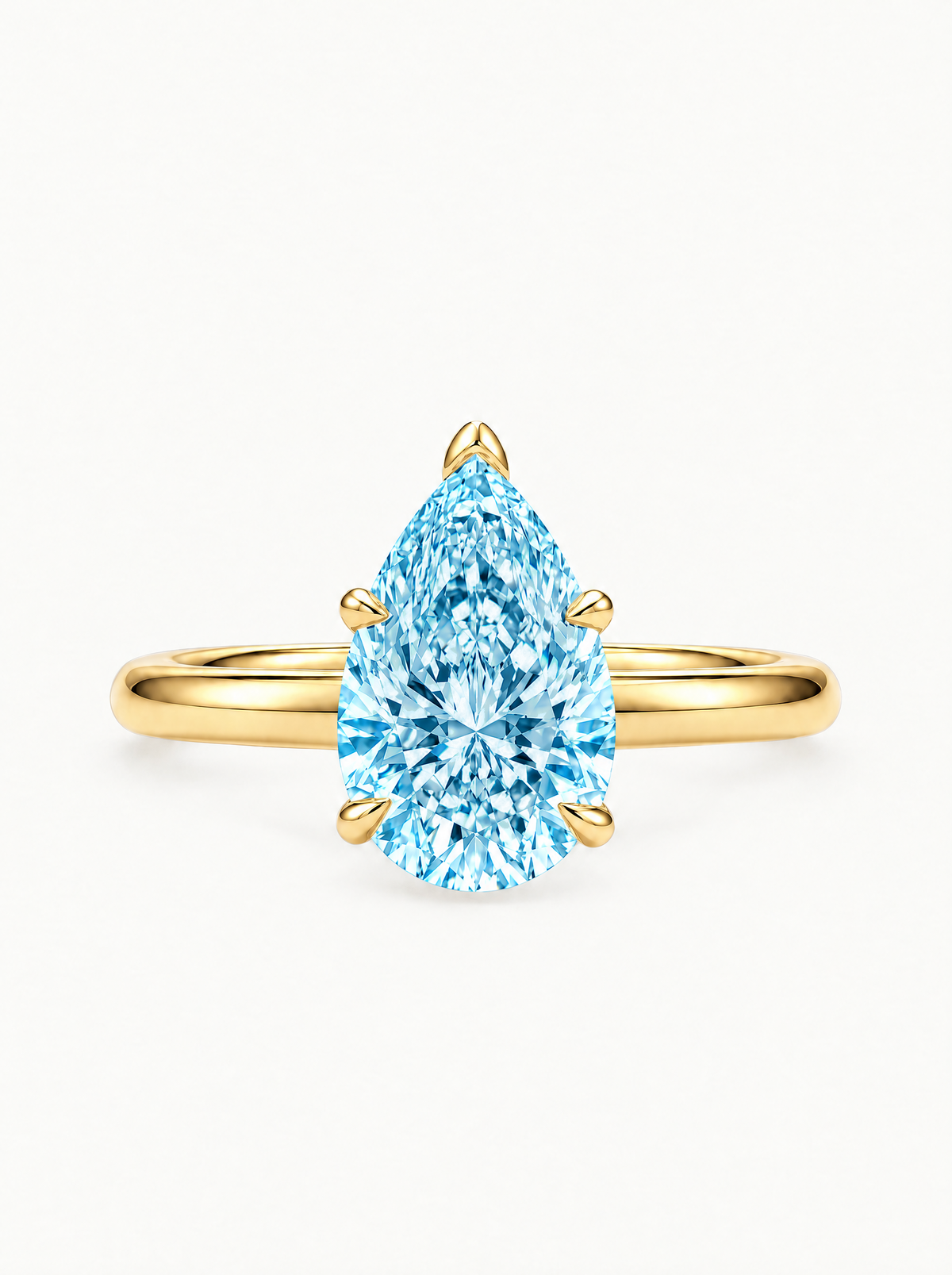 Fancy Blue Pear Cut Solitaire Lab-Grown Diamond Engagement Ring in 14K yellow gold, front view — Bow Tie Lab Diamonds