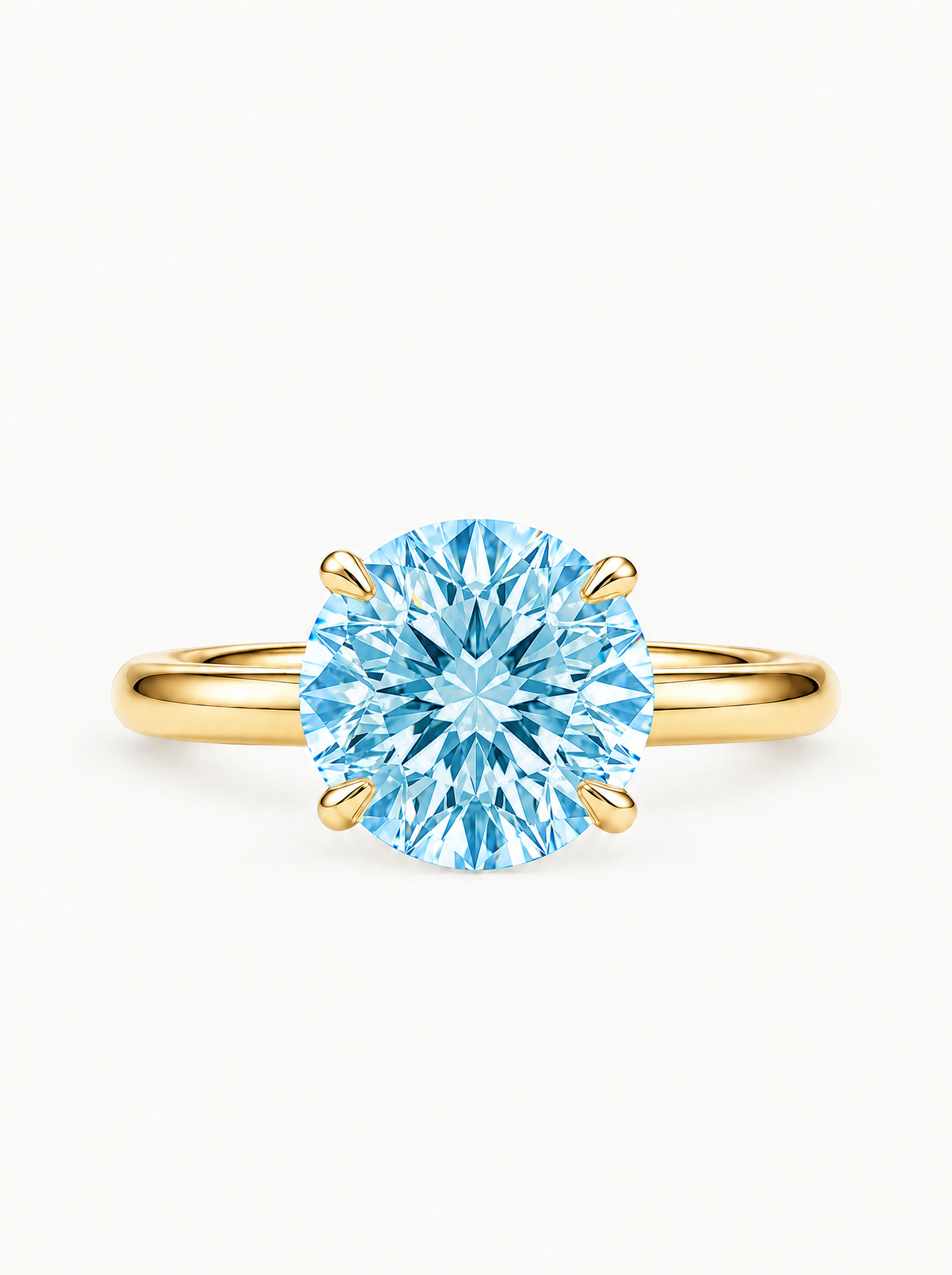 Fancy Blue Round Cut 4-Prong Solitaire Lab-Grown Diamond Engagement Ring in 14K yellow gold, front view — Bow Tie Lab Diamonds