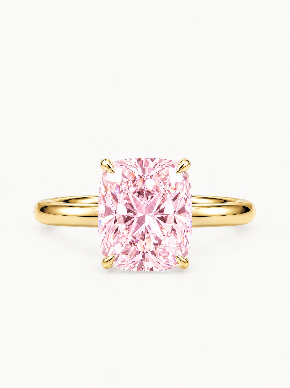 Fancy Pink Cushion Cut Solitaire Lab-Grown Diamond Engagement Ring in 14K yellow gold, front view — Bow Tie Lab Diamonds