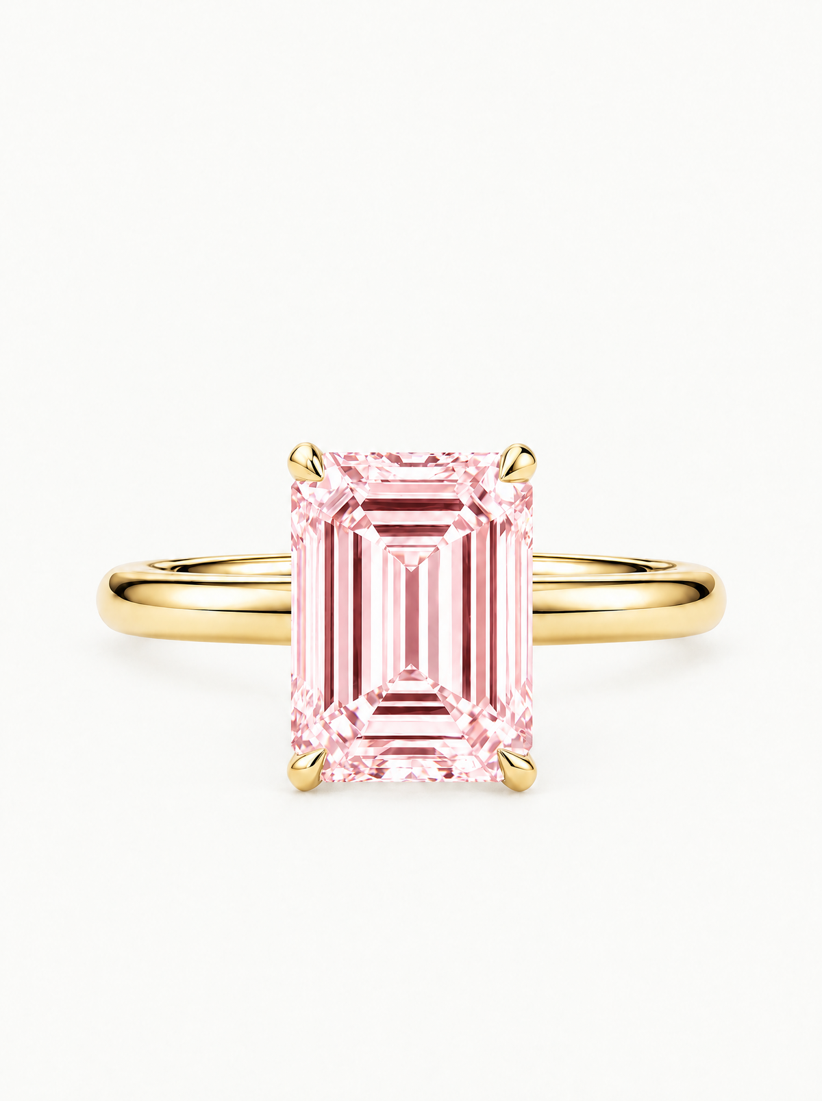 Fancy Pink Emerald Cut Solitaire Lab-Grown Diamond Engagement Ring in 14K yellow gold, front view — Bow Tie Lab Diamonds
