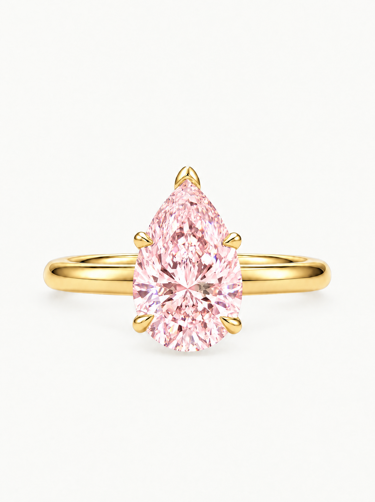 Fancy Pink Pear Cut Solitaire Lab-Grown Diamond Engagement Ring in 14K yellow gold, front view — Bow Tie Lab Diamonds
