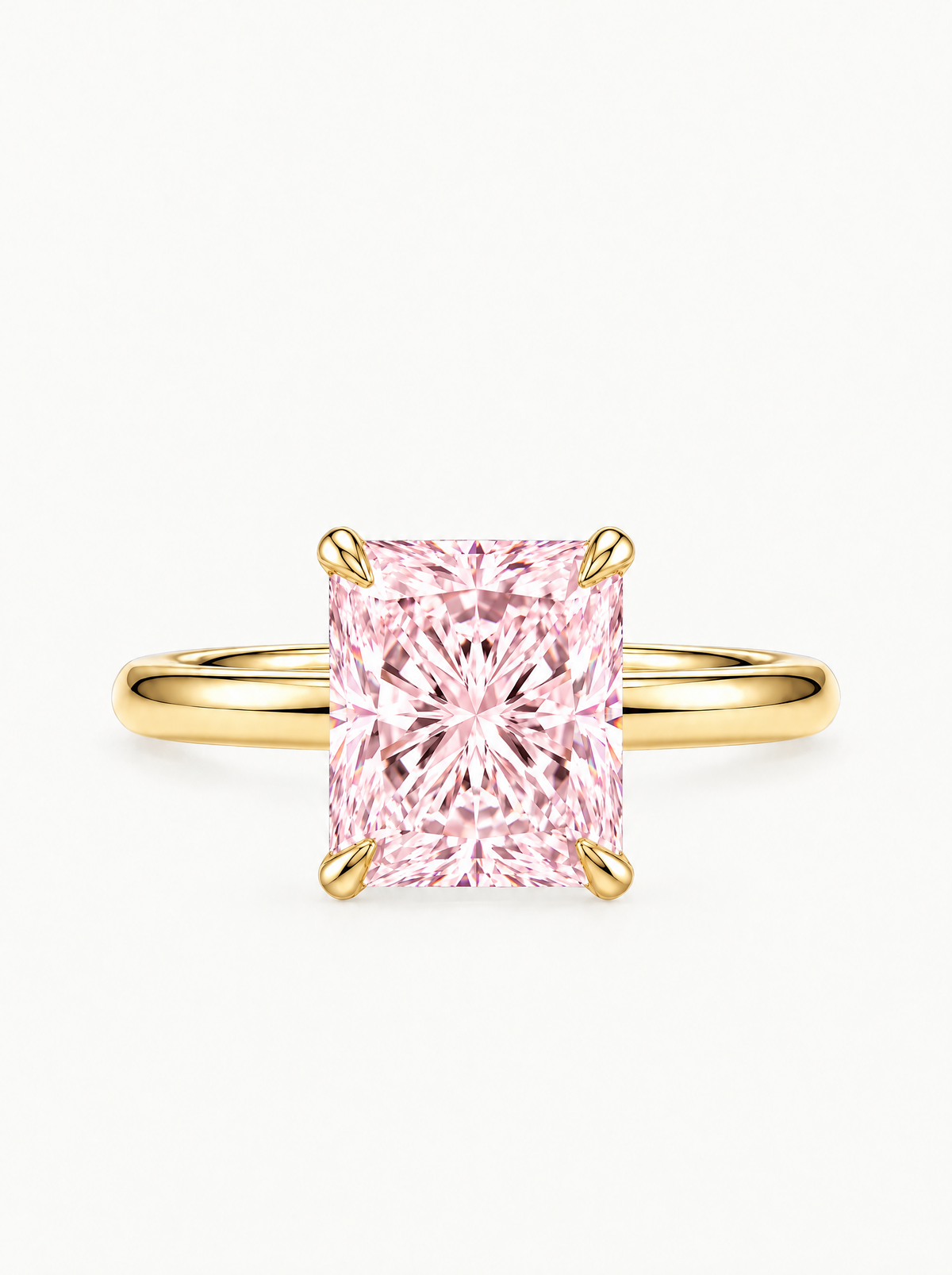 Fancy Pink Radiant Cut Solitaire Lab-Grown Diamond Engagement Ring in 14K yellow gold, front view — Bow Tie Lab Diamonds
