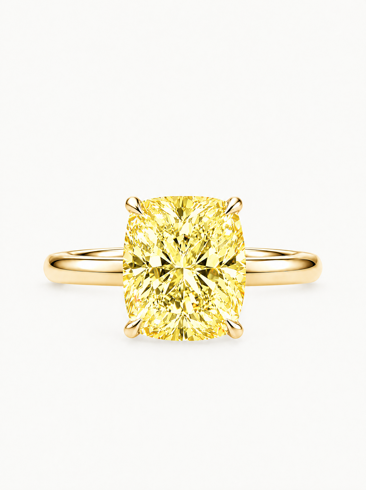 Fancy Yellow Cushion Cut Solitaire Lab-Grown Diamond Engagement Ring in 14K yellow gold, front view — Bow Tie Lab Diamonds