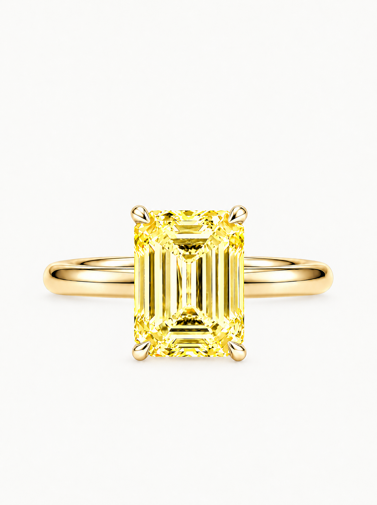 Fancy Yellow Emerald Cut Solitaire Lab-Grown Diamond Engagement Ring in 14K yellow gold, front view — Bow Tie Lab Diamonds