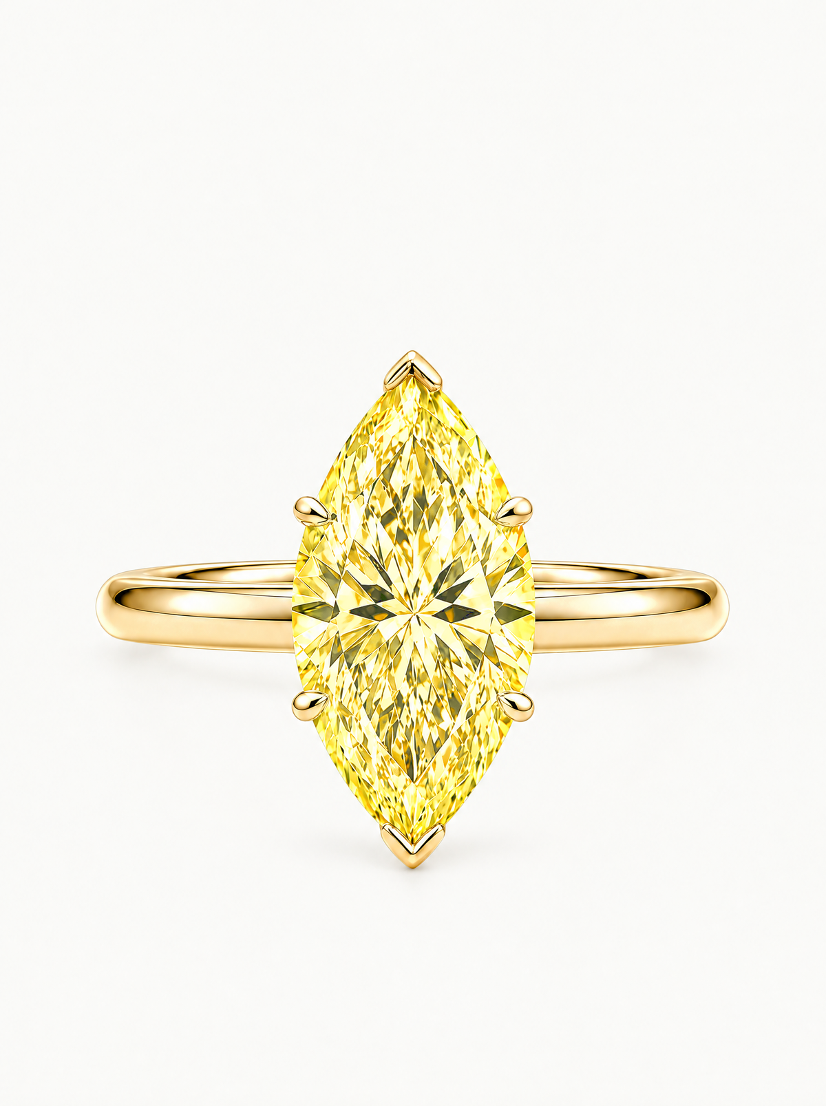 Fancy Yellow Marquise Cut Solitaire Lab-Grown Diamond Engagement Ring in 14K yellow gold, front view — Bow Tie Lab Diamonds
